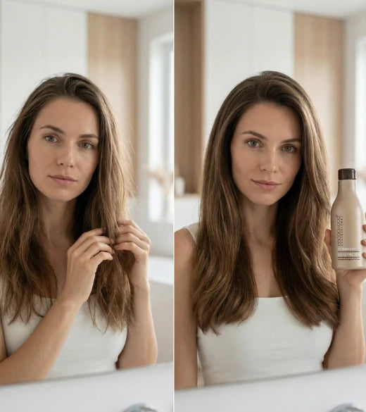 Donna con capelli lunghi che tiene una bottiglia di balsamo in un bagno. prima e dopo l'uso