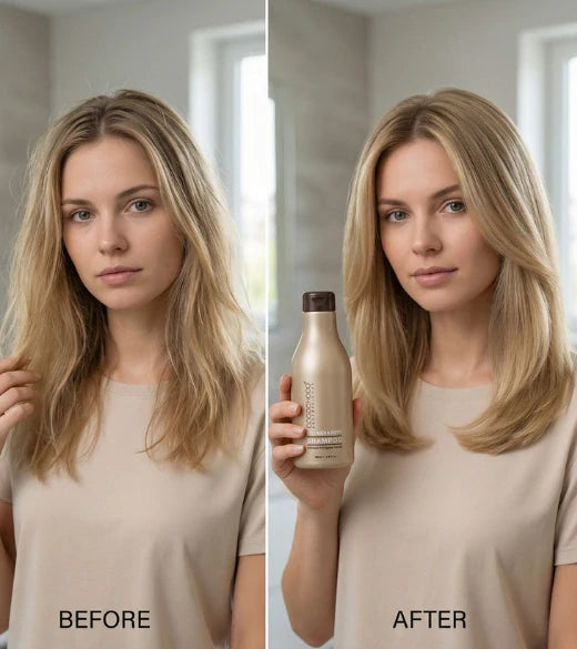 Confronto prima e dopo di una donna con i capelli biondi, che tiene in mano una bottiglia con l'etichetta "DOPO".