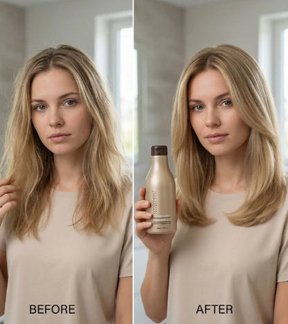 Confronto prima e dopo di una donna con i capelli biondi, che tiene in mano una bottiglia con l'etichetta "DOPO".