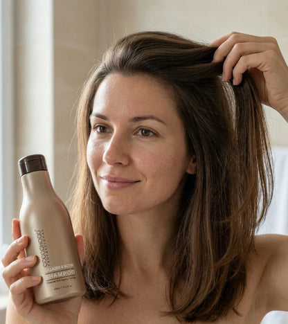 Donna con lunghi capelli castani che tiene una bottiglia di shampoo cocochoco, sorridente.