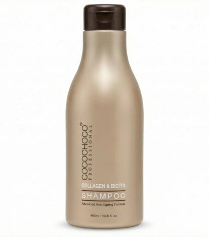 Bottiglia di shampoo Cocochoco con tappo marrone su sfondo bianco