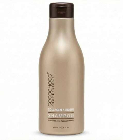 Bottiglia di shampoo Cocochoco con tappo marrone su sfondo bianco