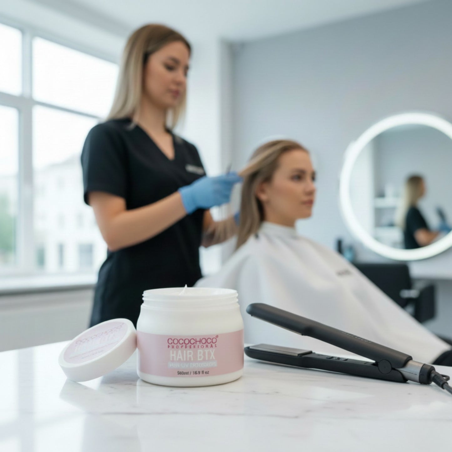 Woman getting hair treatment cocochoco in a salon with a container of hair product on the counter.